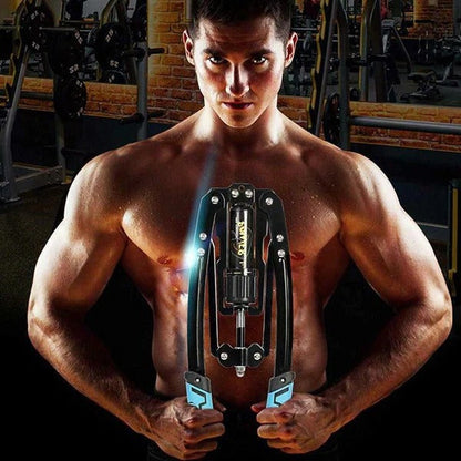 Belro heavy-duty hydraulic chest arm resistance exerciser for men, shown in use during a workout.