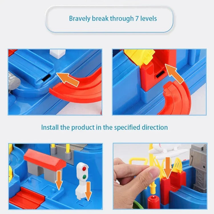 Children’s Belro mechanical vehicle track game with colorful toy cars and a winding track for kids' automotive play.