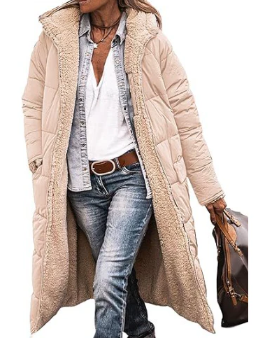 Long comfortable women's coat by Belro, featuring a stylish, cozy design perfect for cold weather and layering.