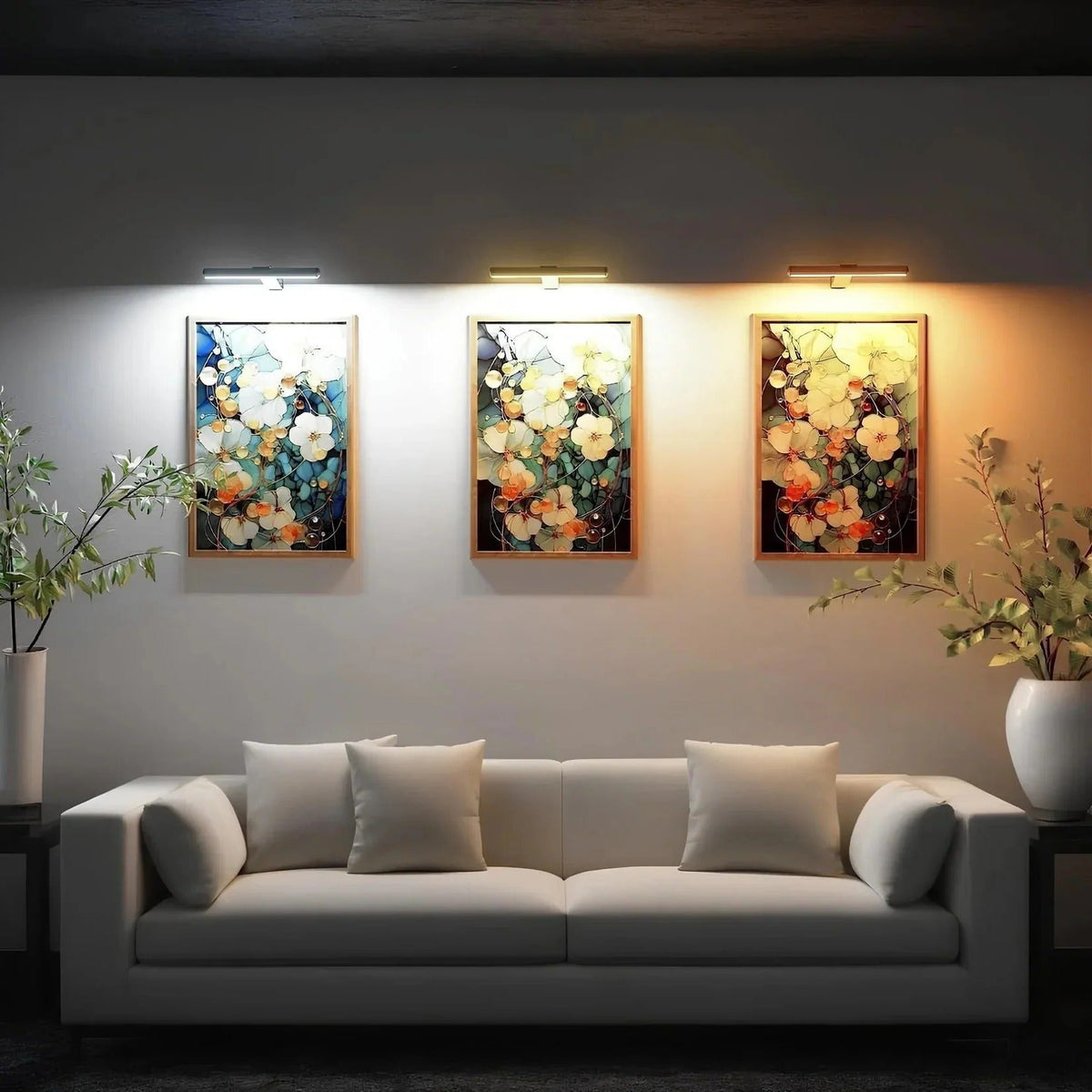 Wireless LED picture light by Belro illuminating a framed artwork outdoors, showcasing sleek design and bright, energy-efficient lighting.