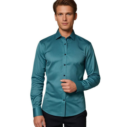 Men's Belro stretch shirt in light blue, featuring a classic collar, button front, and long sleeves, displayed on a hanger.