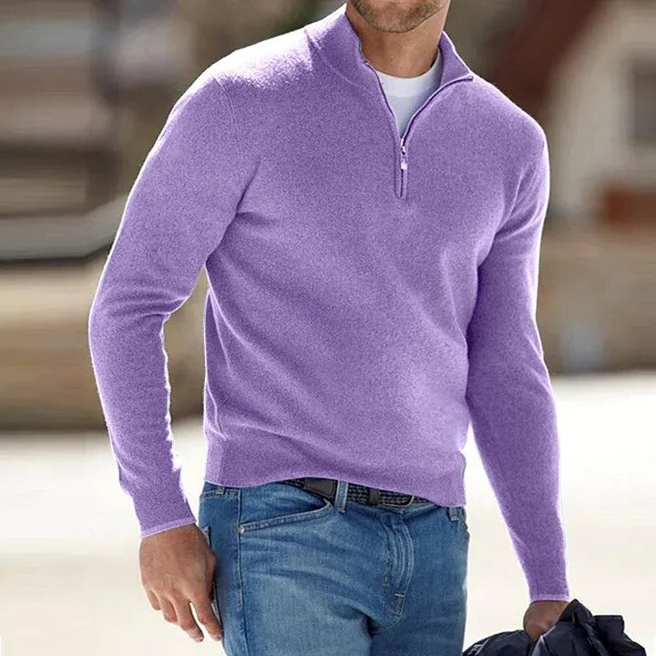 Men's cashmere zipper sweater by Belro, featuring a cozy knit design, suitable for casual wear, shown in a close-up image.