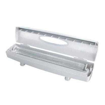 Belro food wrapper dispenser in use, showing easy and tidy wrapping for kitchen food storage and organization.