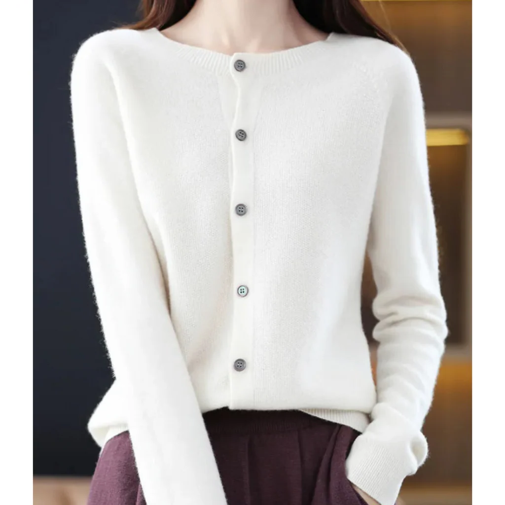Women's Belro round neck cardigan sweater, styled with automotive-inspired details, displayed in a close-up image.