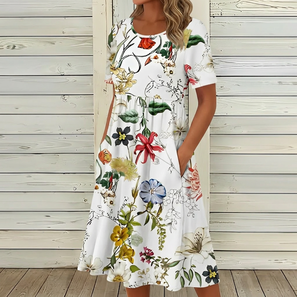 White floral dress by Belro, stylish women's clothing with a vibrant flower pattern and elegant fit.