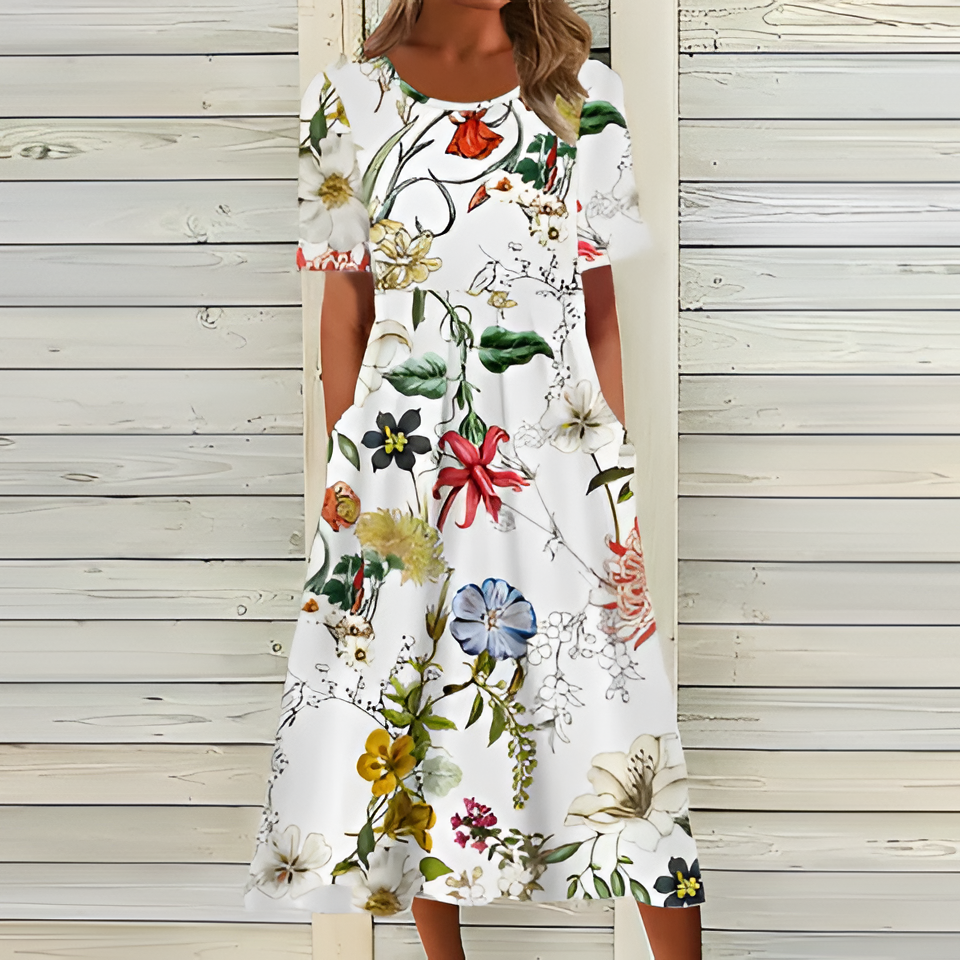 Belro white floral dress, stylish women's clothing with a vibrant pattern, perfect for casual or summer wear