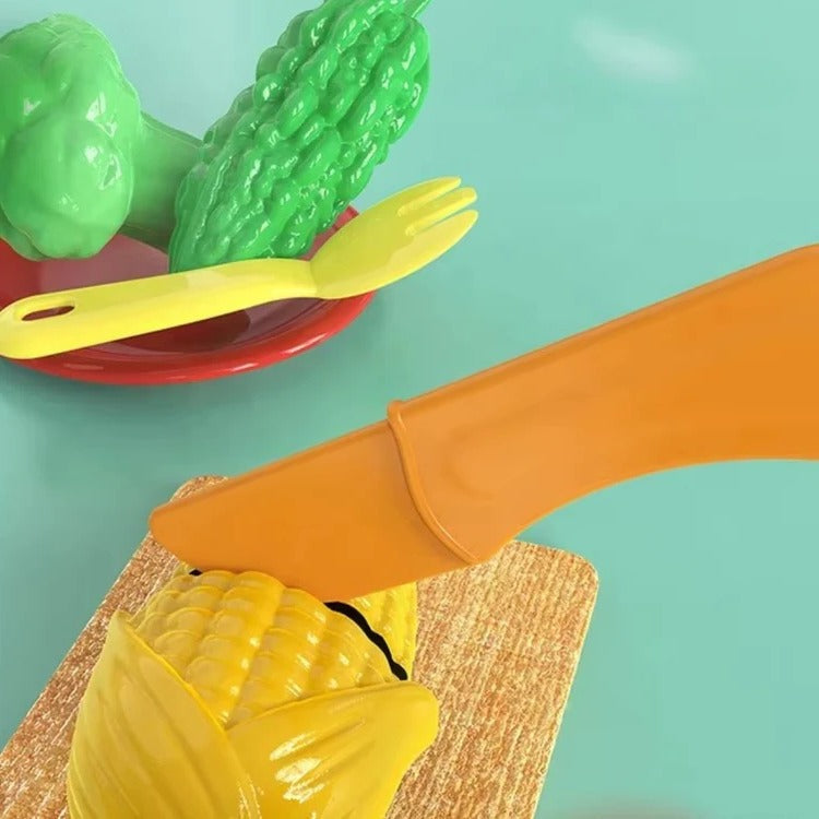 Children’s Play Kitchen with flowing water feature, colorful plastic toy kitchen set for kids, includes sink, stove, and utensils.