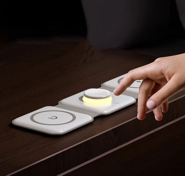 Belro 3-in-1 travel charger with wireless charging pad, USB ports, and compact design for convenient on-the-go power.