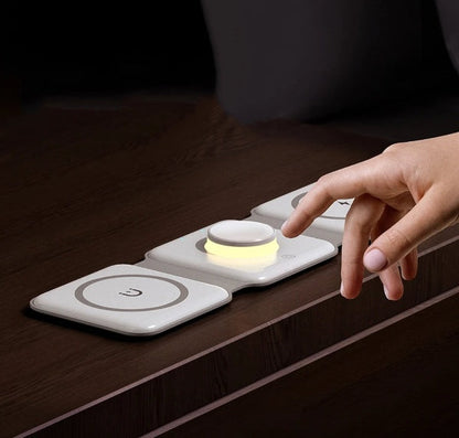 Belro 3-in-1 travel charger with wireless charging pad, USB ports, and compact design for convenient on-the-go power.