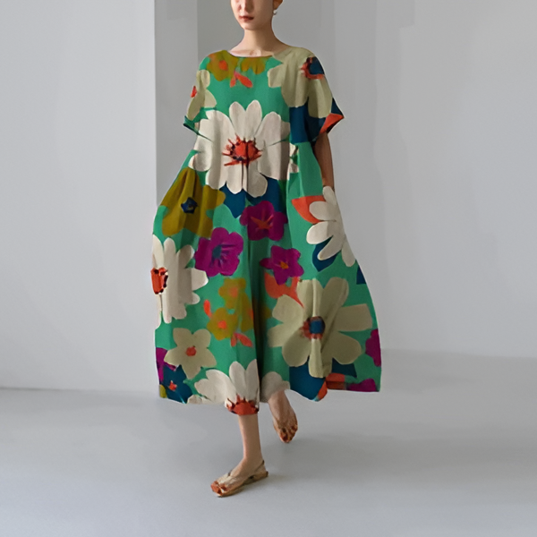 Belro casual floral print dress with elegant design, showcasing a flowing fabric and vibrant flora pattern.