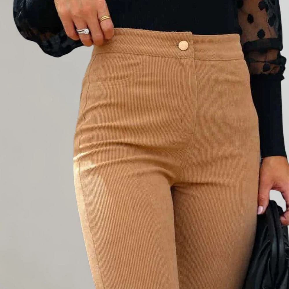 Belro trendy corduroy flared trousers shown in a natural pose, featuring a high waist and wide leg design.