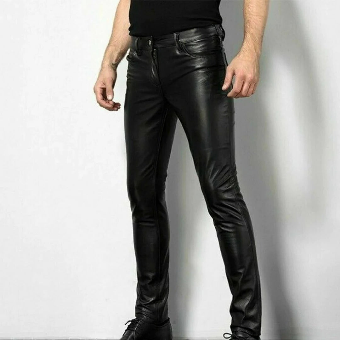 Men's black leather jeans by Belro, showcasing a close-up of the textured leather fabric and classic jean stitching.