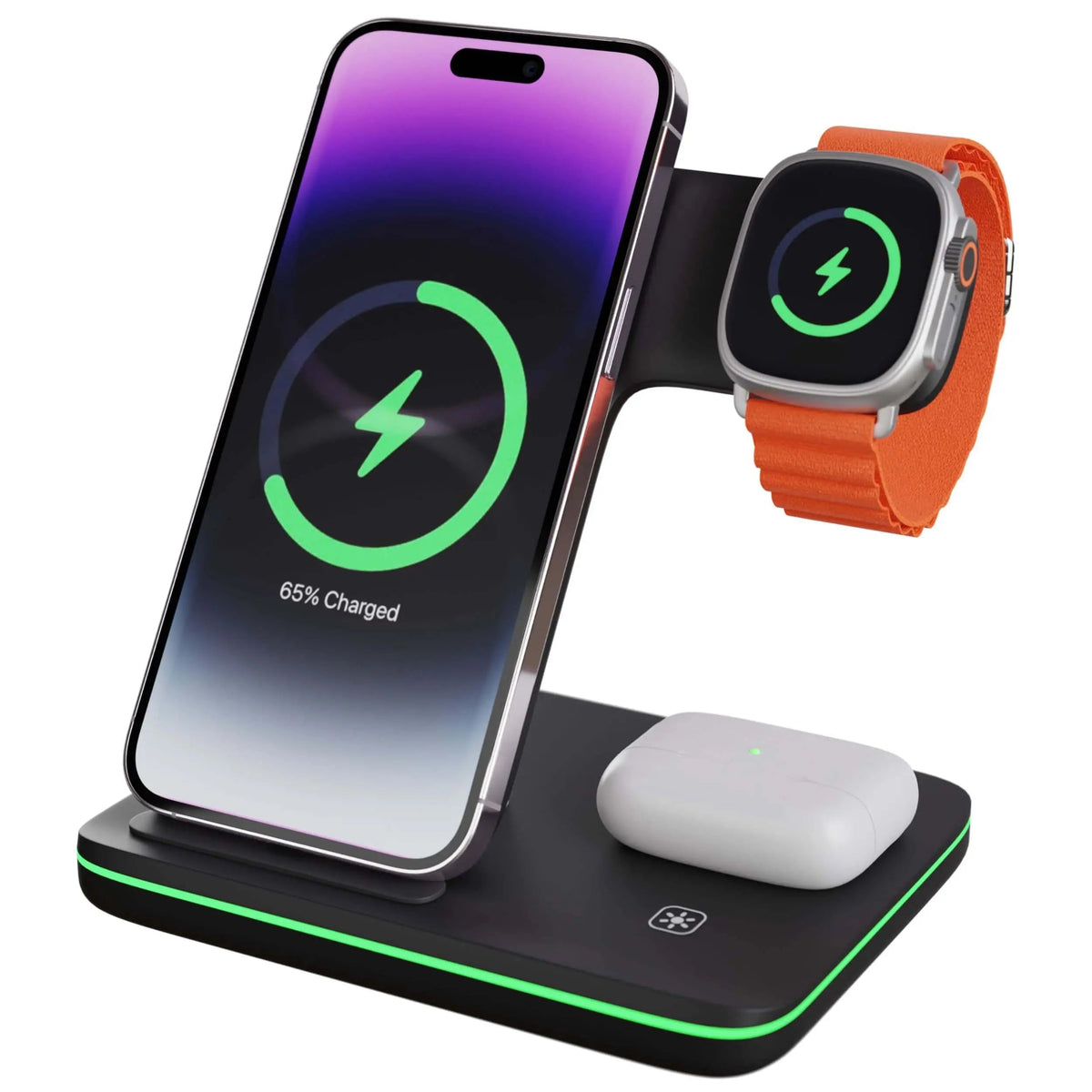 Belro 3-in-1 Apple charger dock with multiple charging ports for iPhone, Apple Watch, and AirPods, black plastic finish.