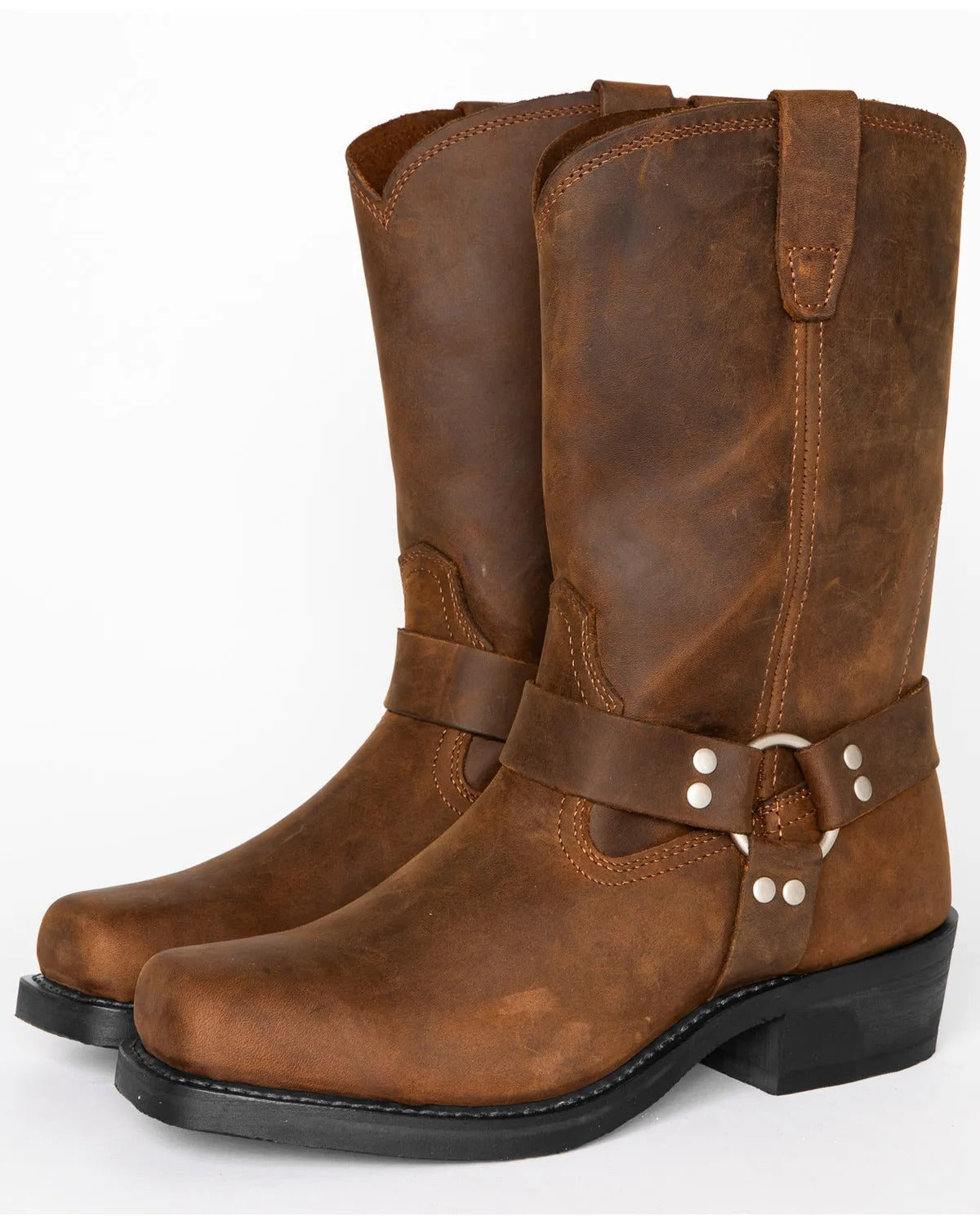 Men's black harness boots by Belro, 11-inch tall footwear with rugged leather and secure harness straps.