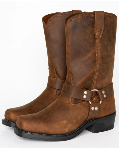 Men's black harness boots by Belro, 11-inch tall footwear with rugged leather and secure harness straps.