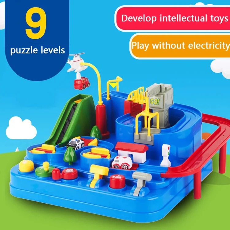 Children’s Belro mechanical vehicle track game featuring colorful toy cars and a multi-lane racing track for kids' automotive fun.