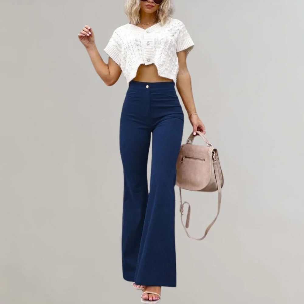 Belro trendy corduroy flared trousers displayed on a model, showcasing the stylish high-waisted, wide-leg design.