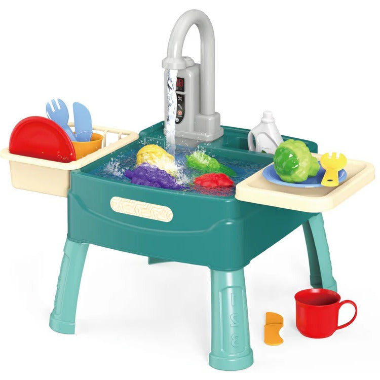 Children’s play kitchen with flowing water feature, colorful plastic kitchen set for kids by Belro, includes sink and stove elements.