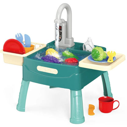 Children’s play kitchen with flowing water feature, colorful plastic kitchen set for kids by Belro, includes sink and stove elements.