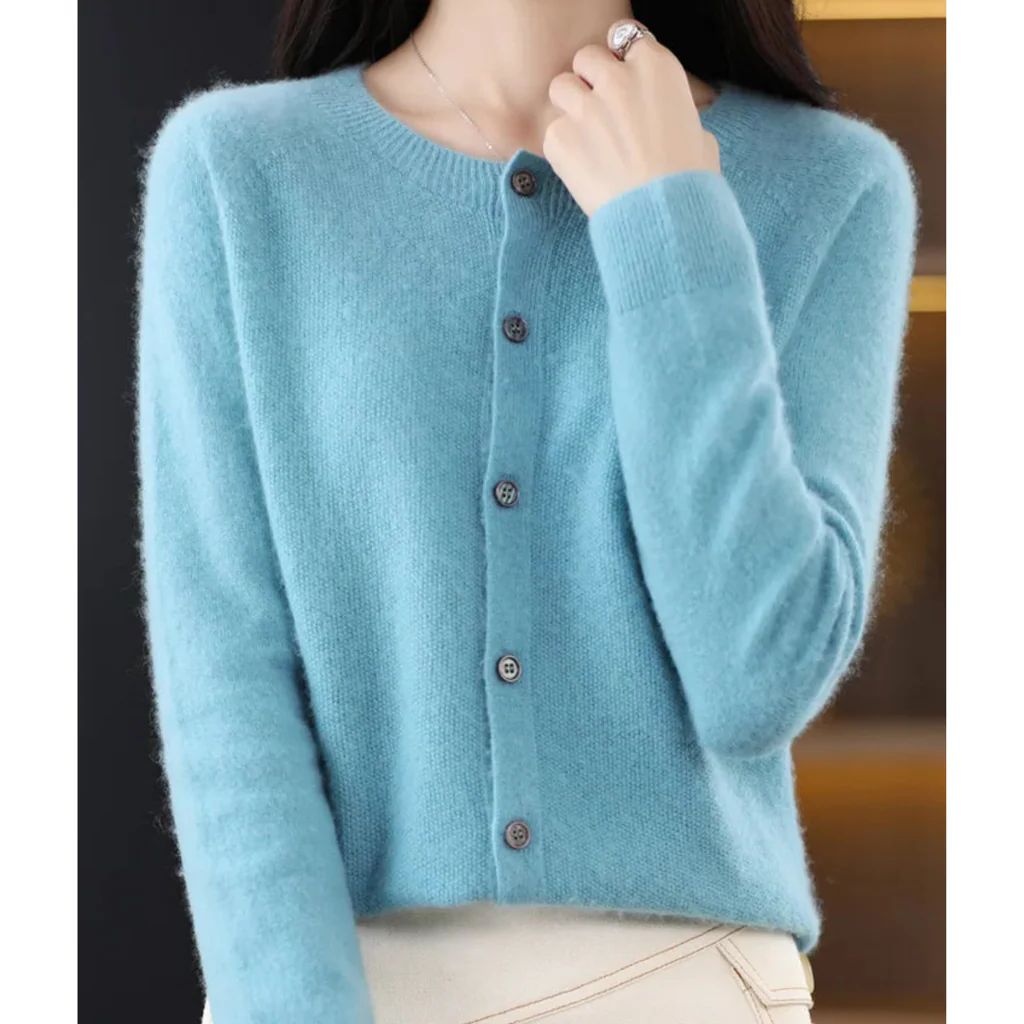 Belro women's round neck cardigan sweater, automotive-inspired design, soft knit fabric, navy color, front view.
