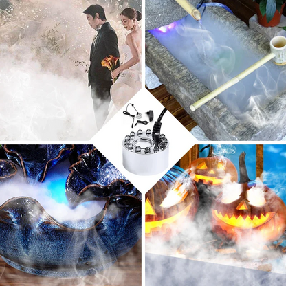 Belro LED light fogger for outdoor use, showing the water mist and LED lighting effects in a home and garden setting.