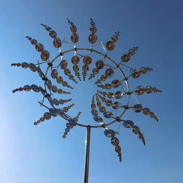 Belro metal garden windmill with dual motion spinning blades, decorative garden décor perfect as a unique outdoor gift.