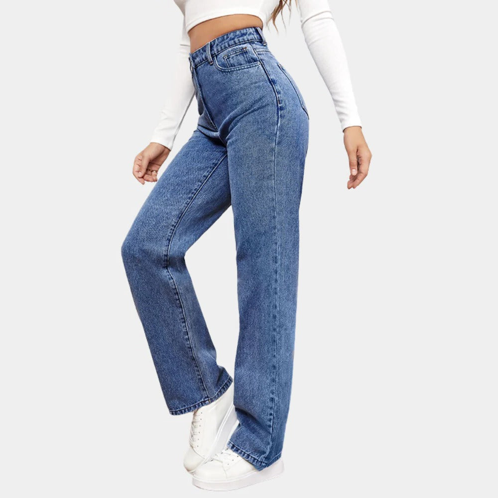 Belro women's casual baggy jeans showcasing relaxed fit, denim fabric, and classic five-pocket design.