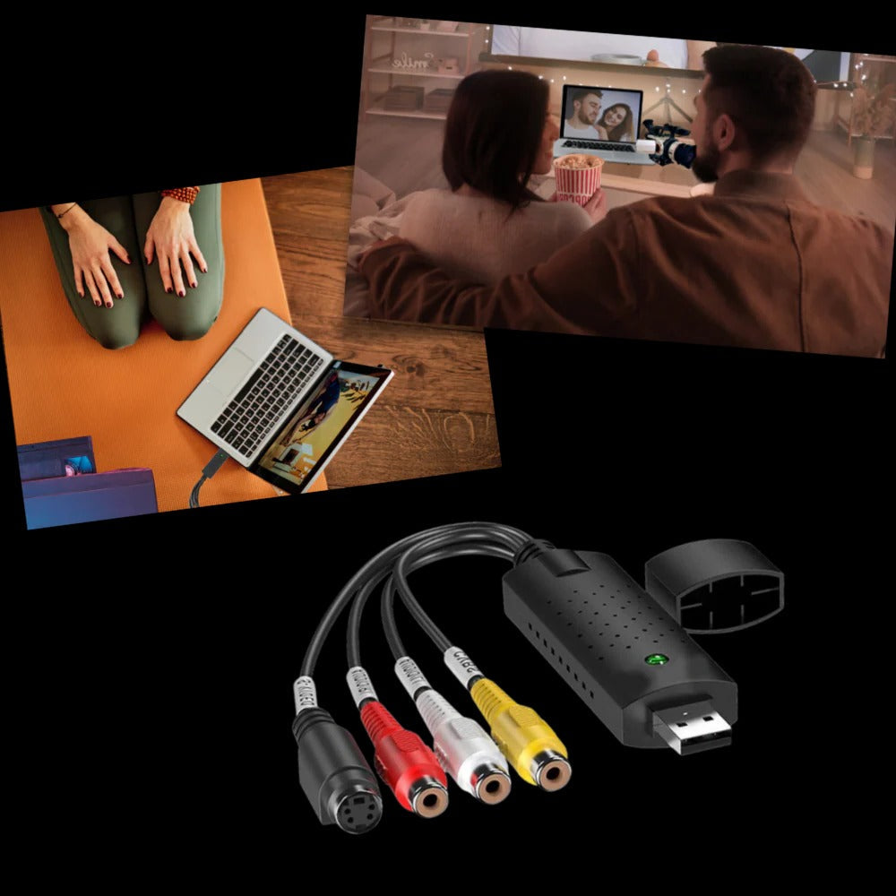 Belro USB 2.0 capture adapter connected to electronic devices, showing compact design and cable connection.
