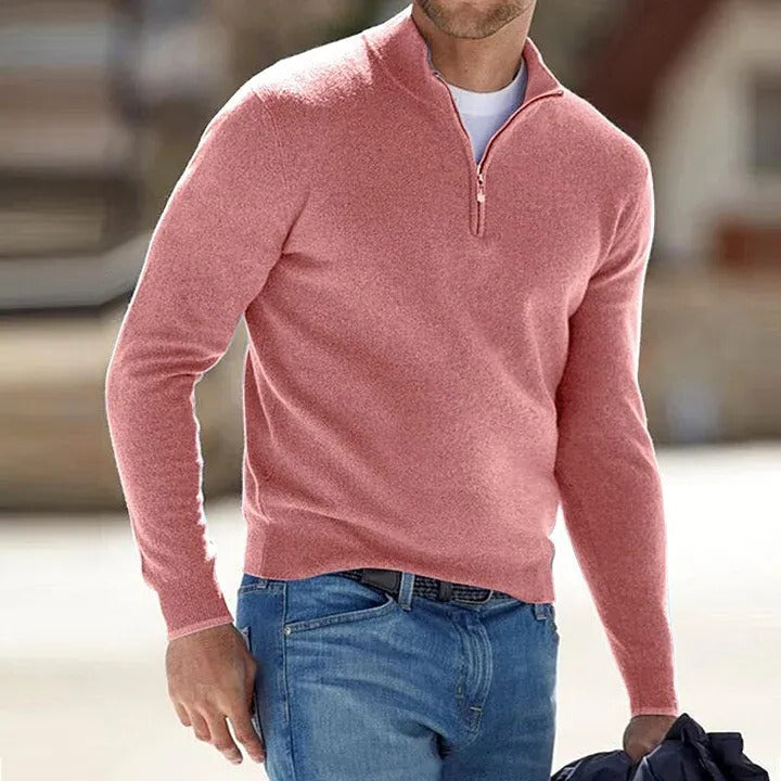 Men's Belro cashmere zipper basic sweater, stylish automotive-inspired design, shown in a close-up of the soft, high-quality fabric.