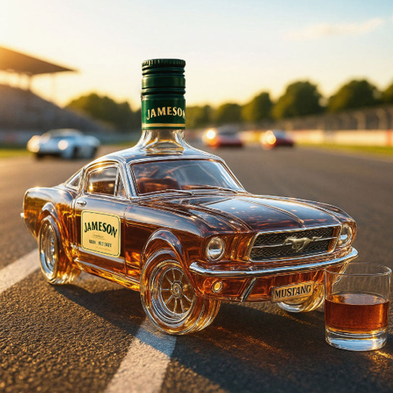 BowLift Mustang Car whiskey decanter, glass collectible for home bar display, featuring detailed Mustang car design.