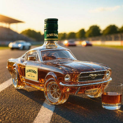 BowLift Mustang Car whiskey decanter, glass collectible for home bar display, featuring detailed Mustang car design.