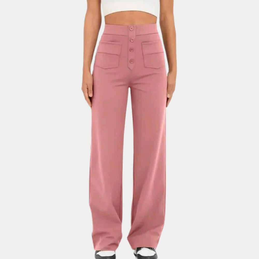 Belro casual high-waisted women's trousers showing a relaxed fit, with a smooth fabric and classic design.