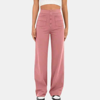 Belro casual high-waisted women's trousers showing a relaxed fit, with a smooth fabric and classic design.