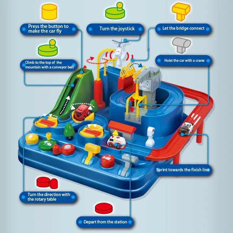 Children’s mechanical vehicle track game by Belro featuring colorful toy cars on a multi-level automotive track for kids.