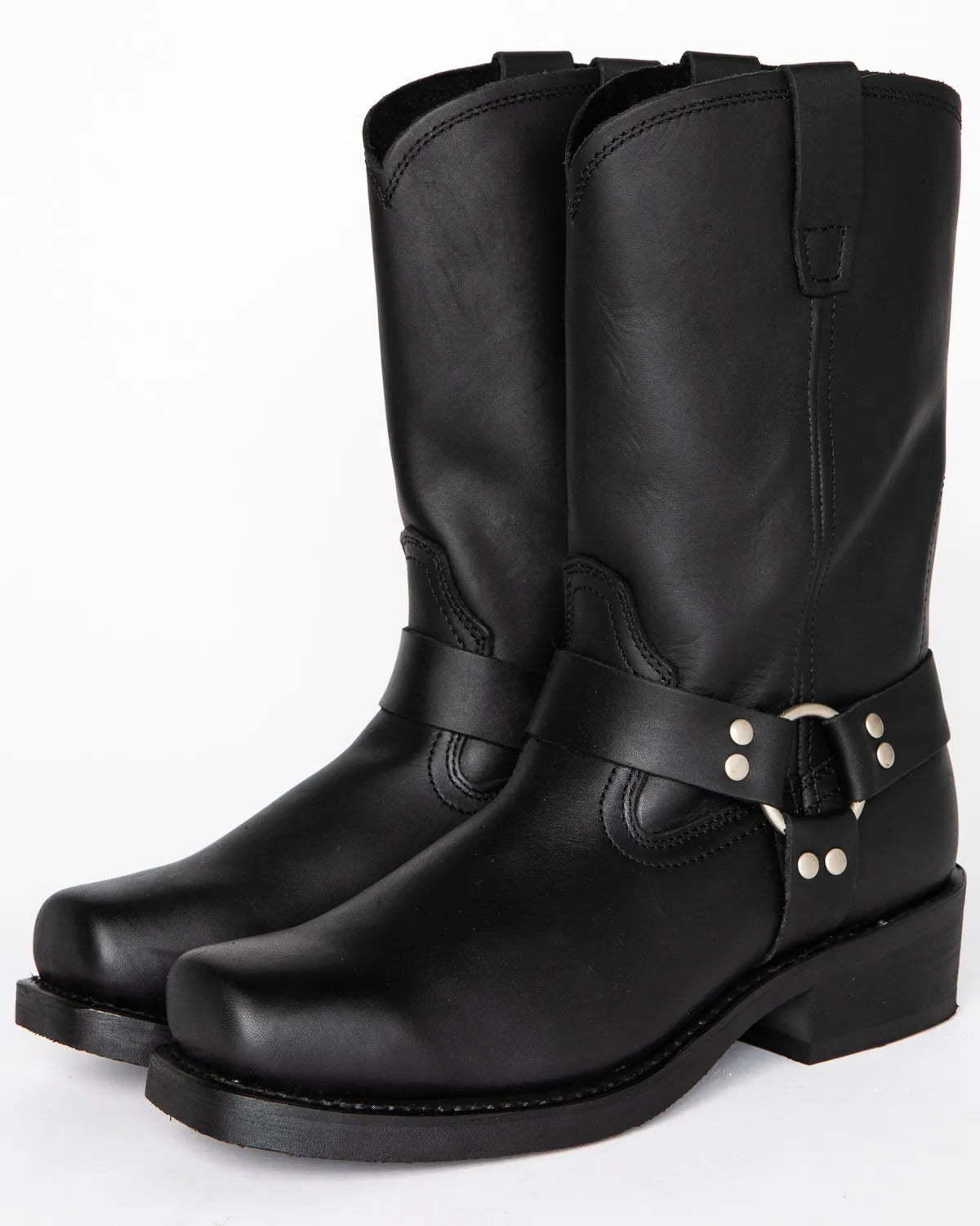 Men's black harness boots by Belro, 11-inch tall footwear with sturdy leather construction and rugged style.