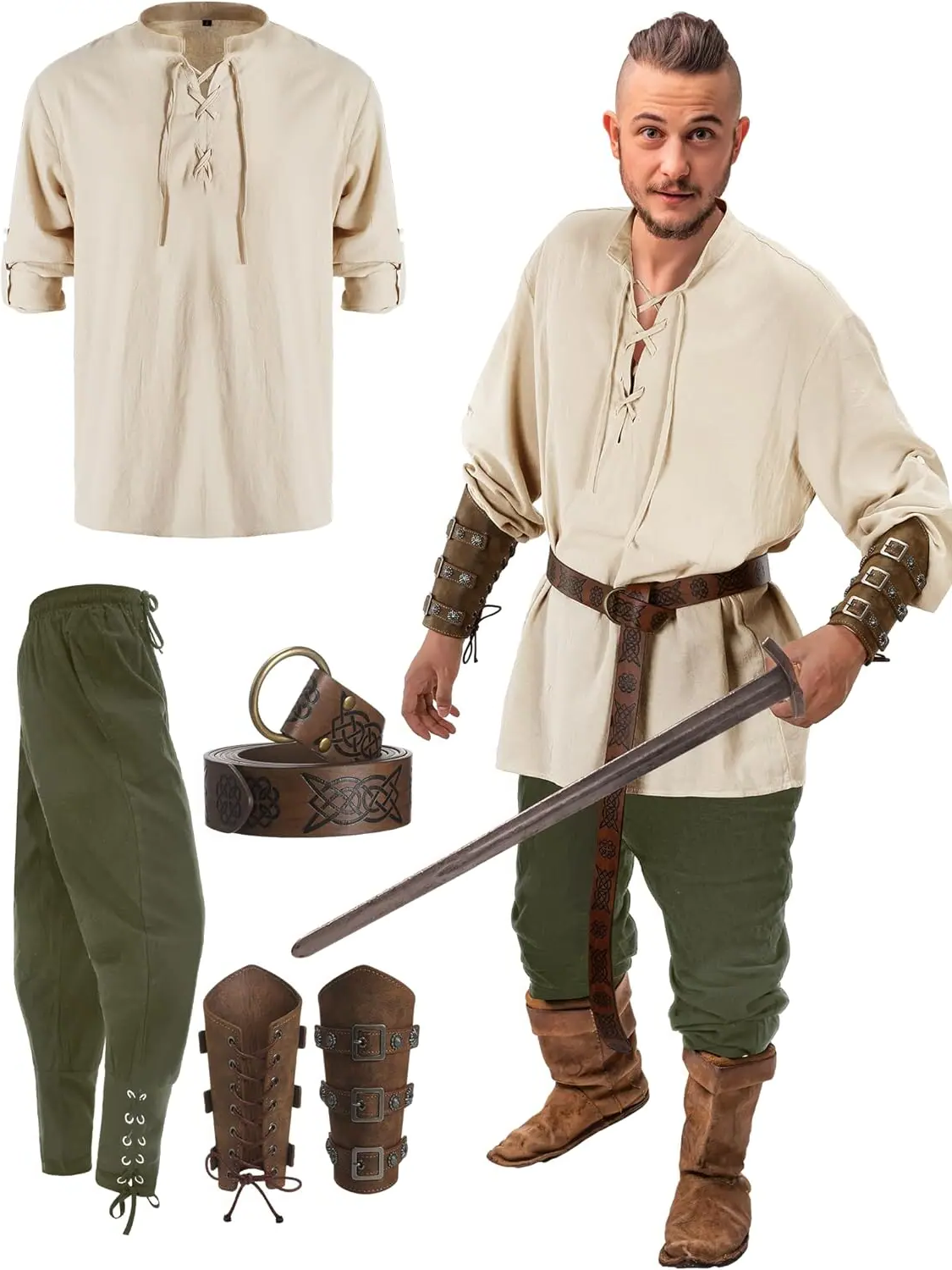 Belro men's pirate costume with four-piece set including shirt, vest, belt, and hat, suitable for dressing up or themed events.