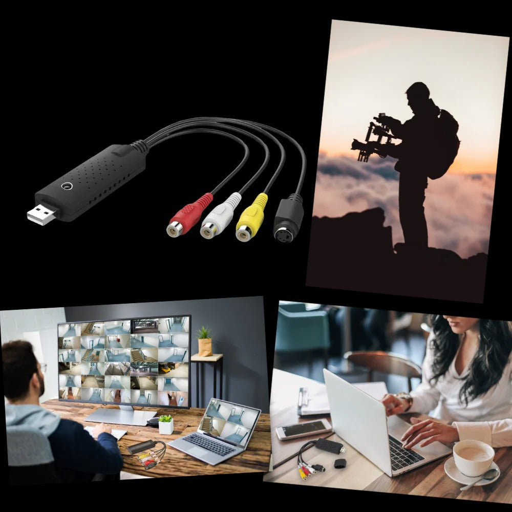 Belro USB 2.0 capture adapter connected to electronic device for video and data transfer, showing compact design and ports.