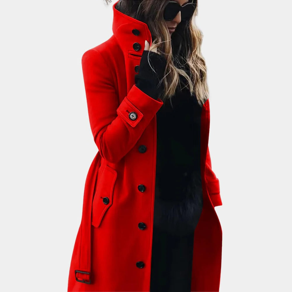 Belro women's trenchcoat hanging on a rack, showcasing classic beige color, tailored fit, and stylish design for versatile outerwear.