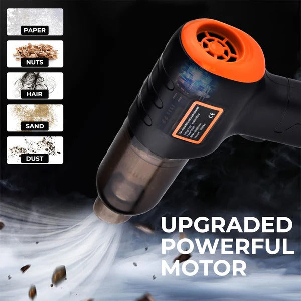 Belro cordless car vacuum cleaner with handheld design, black and silver, shown cleaning car interior surfaces.