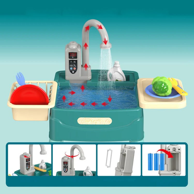 Children’s play kitchen with flowing water feature, colorful plastic kitchen set for kids, by Belro, designed for imaginative play.