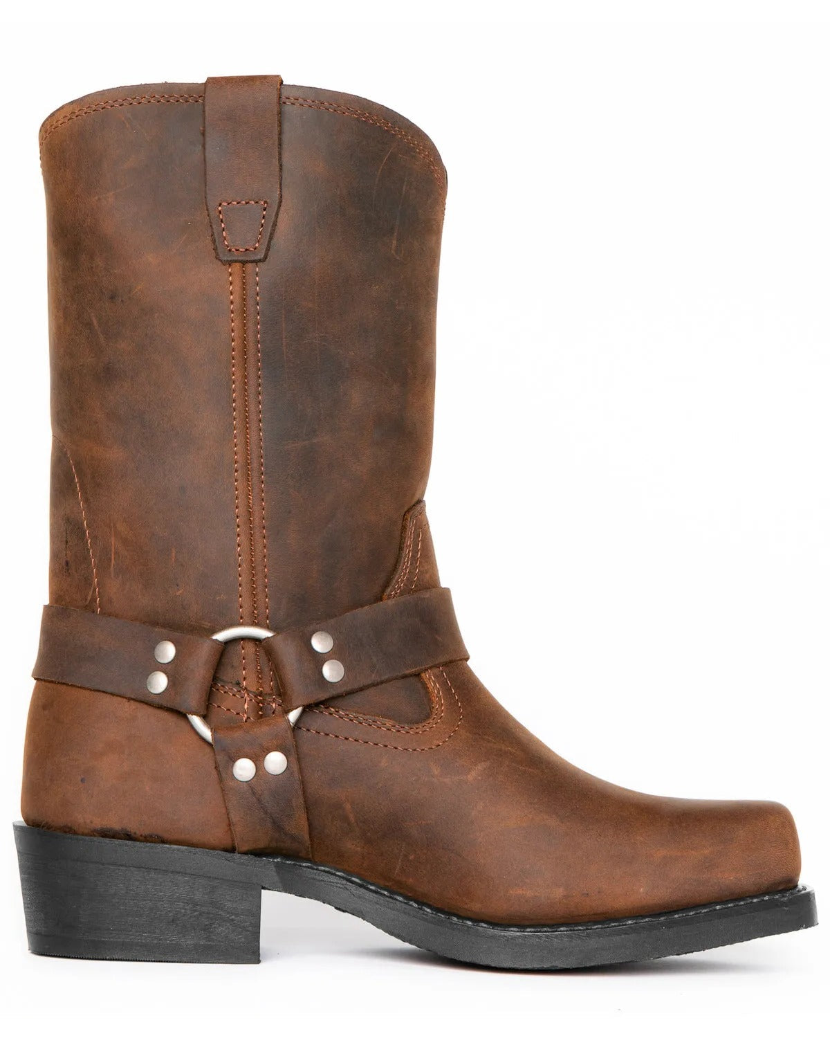 Men's black harness boots by Belro, 11-inch tall footwear with rugged leather and strap details, perfect for edgy style.