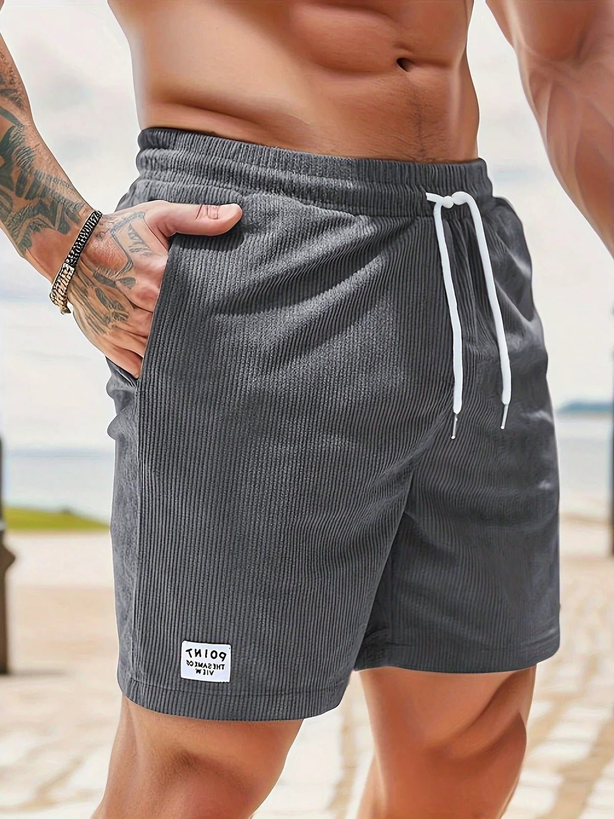 Belro men's corduroy leisure shorts in a neutral color, casual fit, with side pockets and belt loops, ideal for relaxed summer wear.