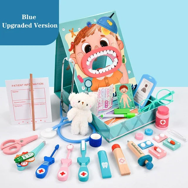 Children’s Dentist Role-Play Kit by Belro with toy dental tools and accessories for imaginative play and role-playing as a dentist.