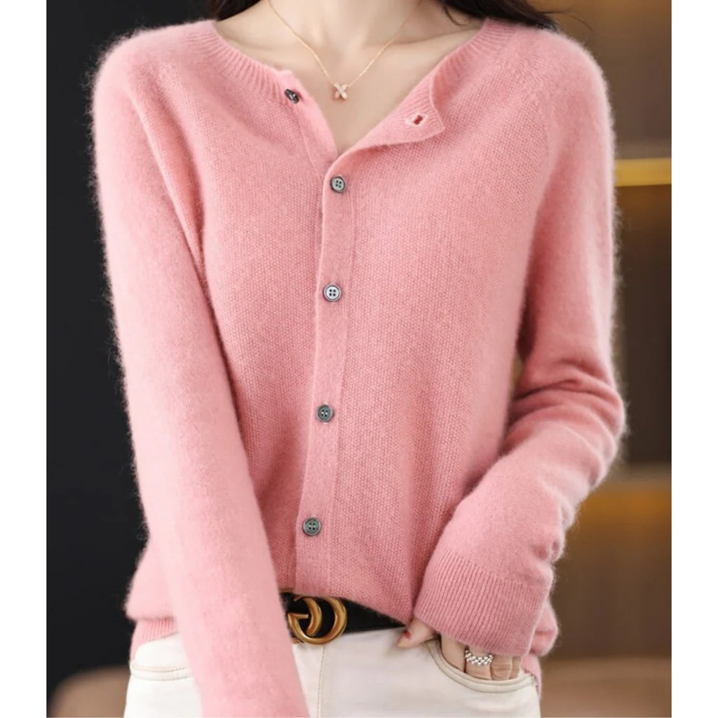 Women's Belro automotive-themed round neck cardigan sweater with detailed automotive print and soft knit fabric.