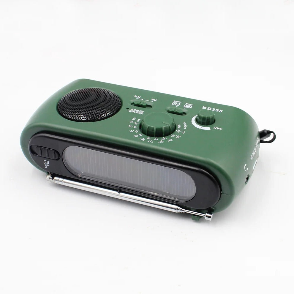 Belro portable emergency radio with digital display, built-in flashlight, and multiple power options for outdoor and emergency use.