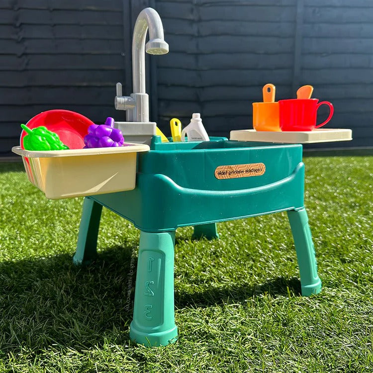 Children’s play kitchen with flowing water feature, colorful toy kitchen set for kids, by Belro, designed for imaginative play.