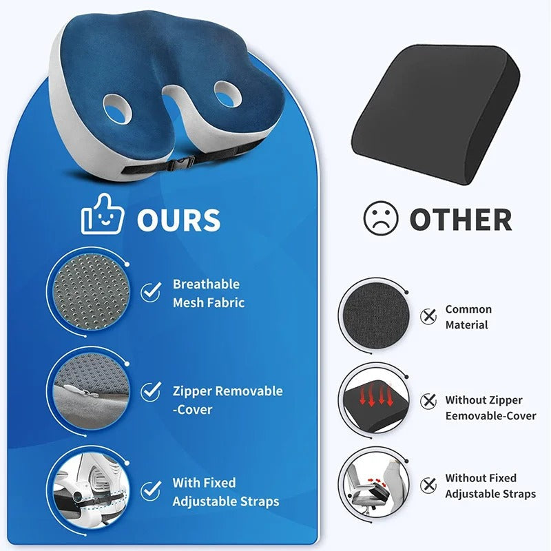Belro adjustable memory foam sit bone relief seat cushion with ergonomic design for back support and comfort.