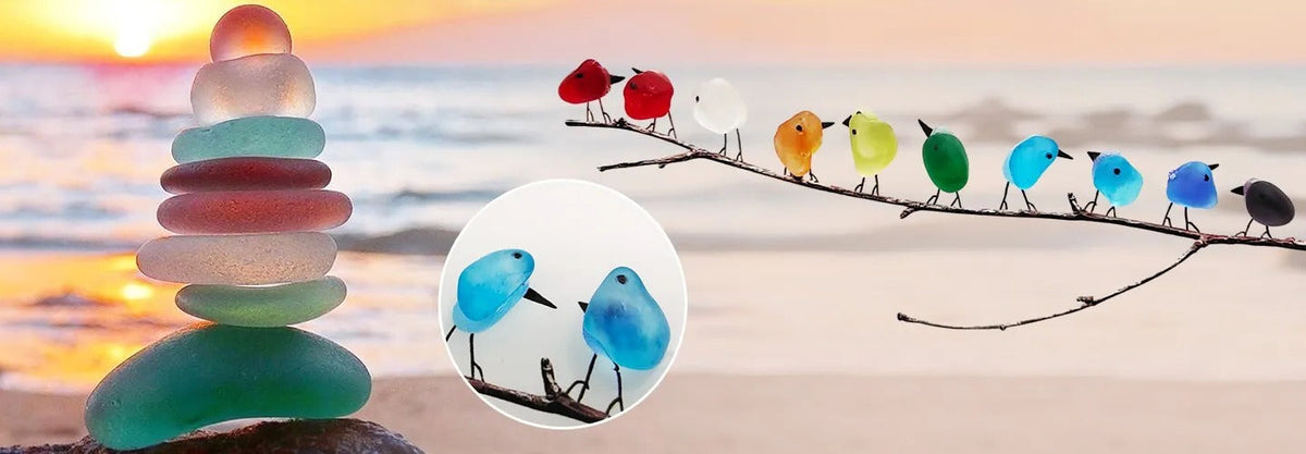 Belro Sea Glass Birds Decor with coastal love notes, featuring clear sea glass birds and handwritten notes in a home and garden setting.