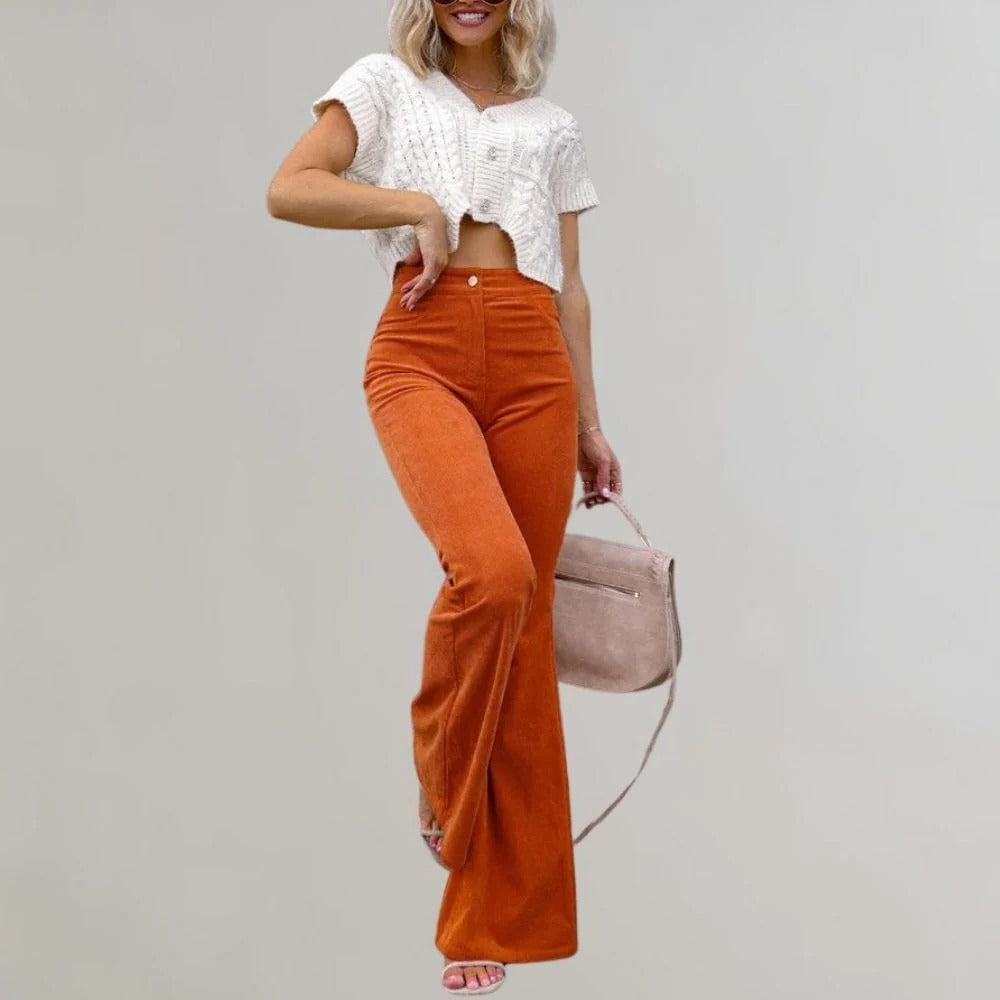 Belro trendy corduroy flared trousers, shown in a stylish fit with wide legs and rich texture, perfect for casual or chic outfits.