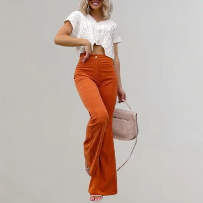 Belro trendy corduroy flared trousers, shown in a stylish fit with wide legs and rich texture, perfect for casual or chic outfits.